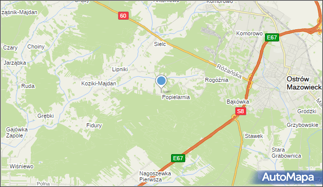 mapa Popielarnia, Popielarnia gmina Ostrów Mazowiecka na mapie Targeo